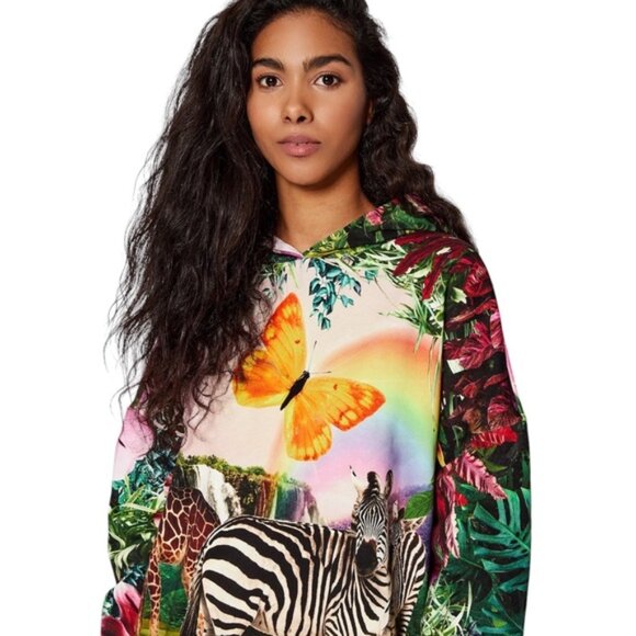 Desigual Oversized Tropical Print Colorful Hoodie Sweat Shirt - Picture 2 of 12